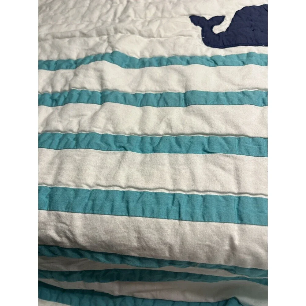 Pottery Barn Kids Hamptons Whale White Teal Baby Blue Toddler Crib Quilt 36x50”